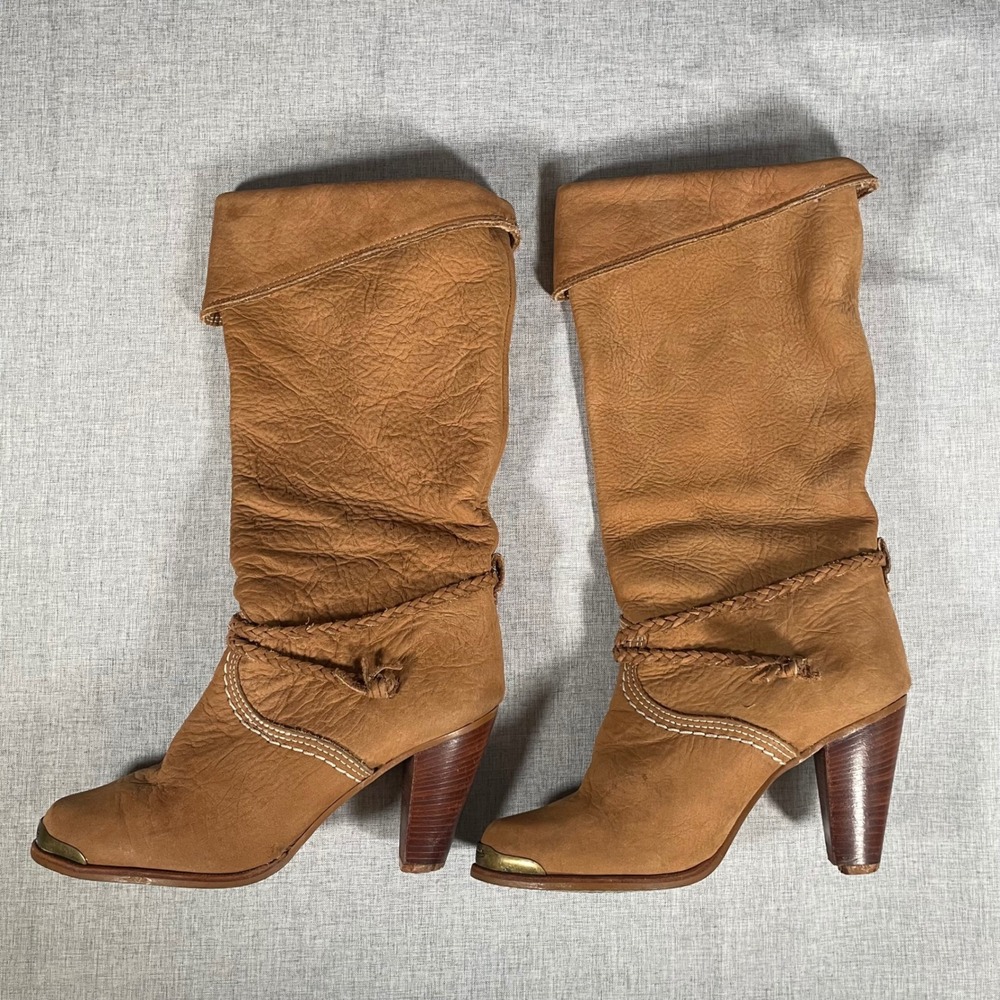 Vintage Zodiac USA Women 7M Tan Leather Western Slouch Boots Braided Metal Toe